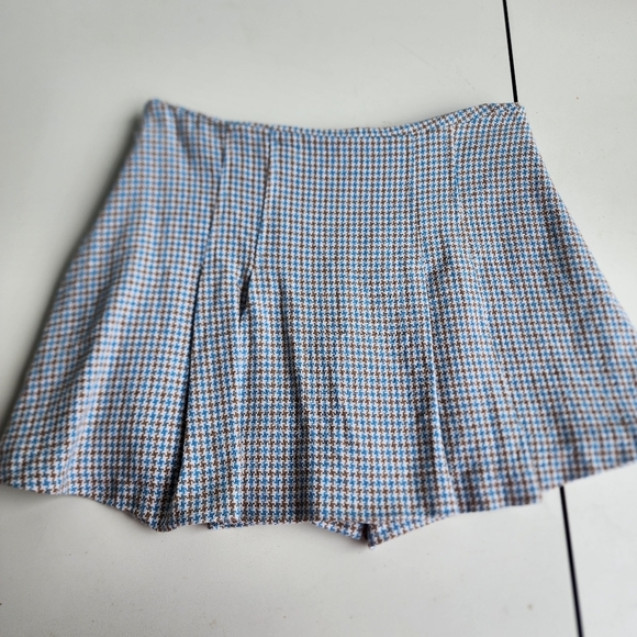 Zara Houndstooth Tweed Mini Skort Skirt Blue Brown White High Waisted Zip Sz S - Picture 1 of 9